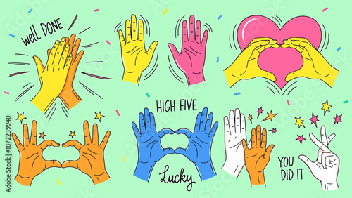 Hands giving high fives and celebrating success in colorful illustration