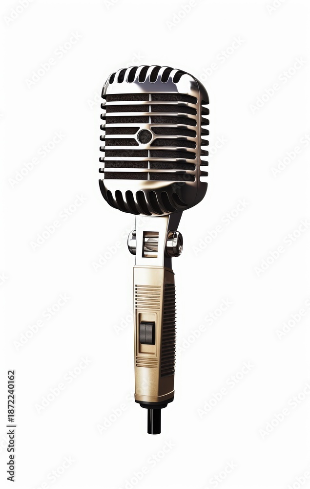 Fototapeta premium A vintage-style microphone on a white background, showcasing a classic design ideal for music, performances, and broadcasting.