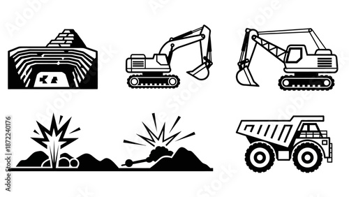 Monochrome vector icons illustrating mining industry operations, including excavators, haul trucks, open-pit mines, and rock blasting.
