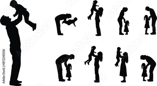 Parents playing with children silhouettes, father and mother lifting kids, family love moments, parenting care, happy childhood, bonding illustration