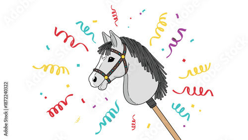 Decorative hobby horse on a stick surrounded by colorful confetti and streamers celebrating a child's birthday or holiday.