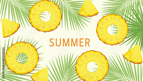 Bright summer background featuring sliced pineapples and green palm leaves on a light cream surface with text in the center.