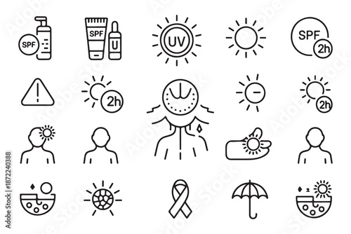 Sun protection line icons set with SPF UV sun warning and heatstroke for skin health awareness