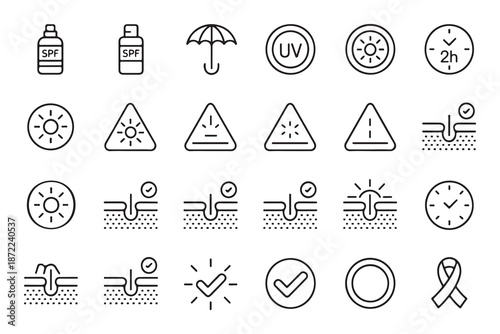 Sun protection icons set, SPF, UV, umbrella, time, warning, skin care concepts