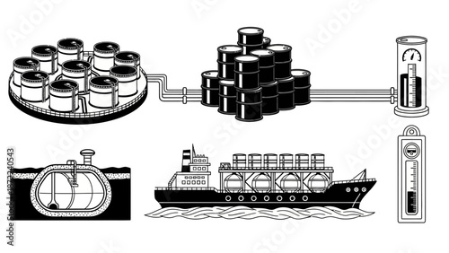Monochrome vector icons depicting various stages of liquid energy management, from tank storage and pipeline transfer to maritime shipping and precise level gauging.