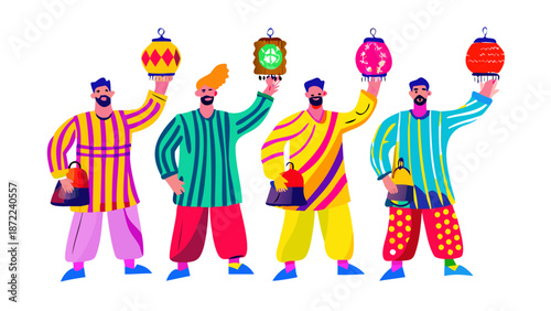 Quirky characters holding colorful glowing Ramadan lanterns (Fanous). Vibrant patterns on clothes like polka dots and stripes. Bold, saturated colors with neon accents. Artistic hand-drawn vector.icon