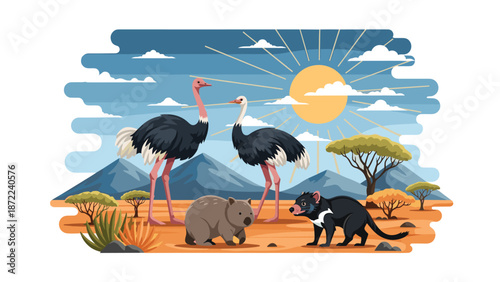 African savannah landscape with two ostriches, a wombat, and a tasmanian devil under a bright sun with acacia trees and mountains.