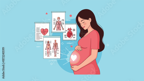Pregnant woman looking at medical diagrams of human organs and skeletal system to track the health of her developing baby.