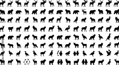 Wild animal silhouette collection, forest mammals and birds, bears wolves deer penguins icons, nature wildlife illustration, black vector set