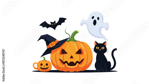 Halloween themed elements including a jack o lantern with a witch hat, a black cat, a ghost, and a bat over white background.