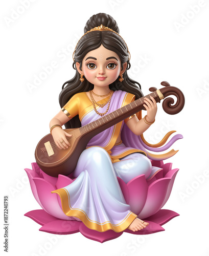3D Beautiful Saraswati Idol Playing Veena Surrounded by Lotus Blossom