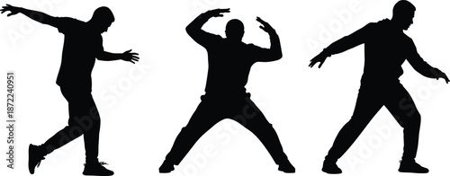 Male dancer silhouettes performing hip hop and freestyle moves set isolated on white background for street dance fitness music and urban style illustration
