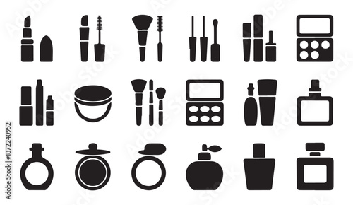 Luxury perfume and makeup silhouettes set with different bottle shapes powder compacts and beauty tool icons design