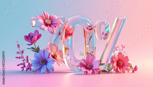 Seventy Percent Discount With Flowers And Soft Gradient Background In Pastel Colors