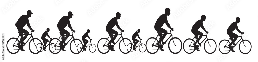Fototapeta premium Cyclists riding bicycles in various positions and angles.