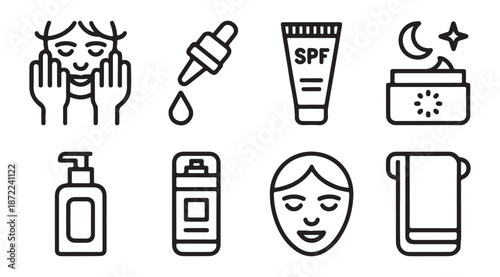 Skincare and beauty icons for facial treatments, cosmetics, and daily routines collection