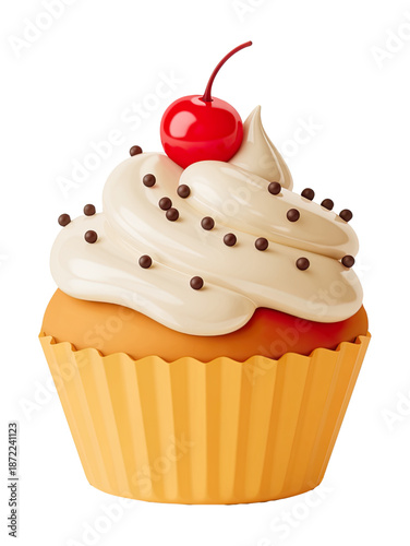 3D Delicious Cupcake with Creamy Frosting and Cherry on Top