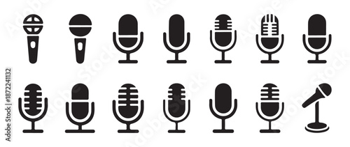 Studio microphone collection showcasing different condenser and dynamic mic designs for professional sound recording