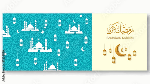 Ramadan Kareem greeting card with mosque and lantern designs