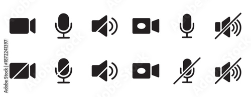 Video camera microphone and speaker icons set communication interface controls symbols for online virtual meeting applications