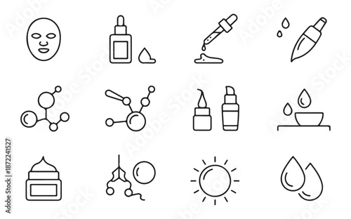 Cosmetic product icon collection with organic serum bottle chemical molecular structure and hydrating water drops