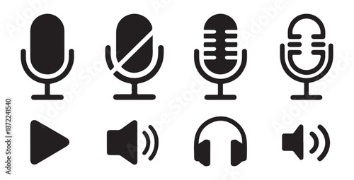Set of audio control icons featuring microphone speaker and headphone symbols in dark monochrome styles