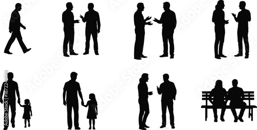 People silhouettes talking walking and socializing set isolated on white background for business communication family lifestyle relationships and modern character illustration
