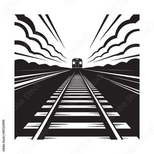 Train tracks receding into distance approaching single passenger car horizon