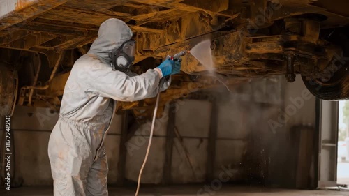 Technician performing rust proofing treatment on a vehicles chassis with undercoat spray showcasing comprehensive corrosion defense techniques.