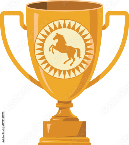 Golden trophy cup illustration, horse emblem award, championship victory symbol, luxury winner prize, premium vector icon, achievement celebration design concept