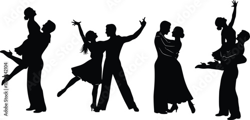 Romantic dance couple silhouettes performing ballroom tango and waltz poses isolated on white background for love relationship wedding and elegant dance illustration