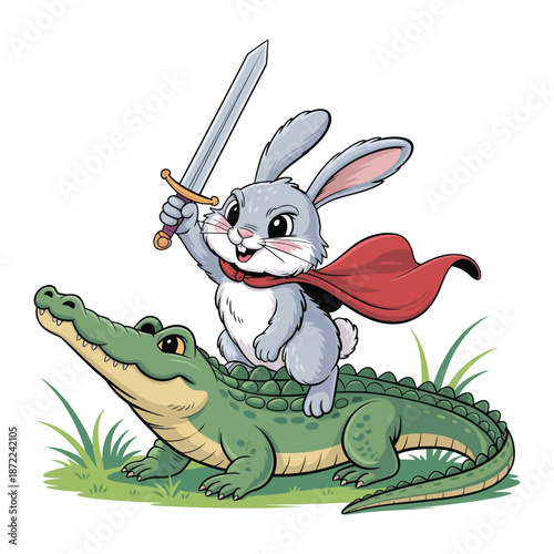 A whimsical illustration depicts a courageous gray rabbit knight riding atop a green alligator brandishing a sword with a red cape flowing behind.