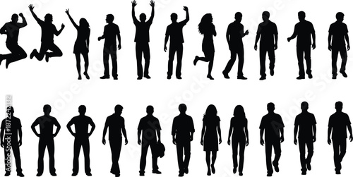 People silhouettes standing walking and jumping set isolated on white background for human poses character design crowd lifestyle and modern illustration collection
