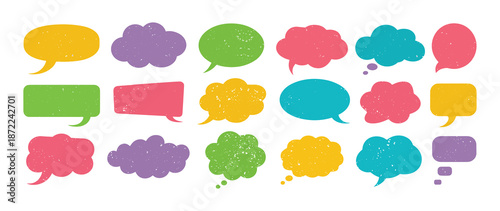 Colorful speech bubble vector illustration collection with grunge texture and comic elements