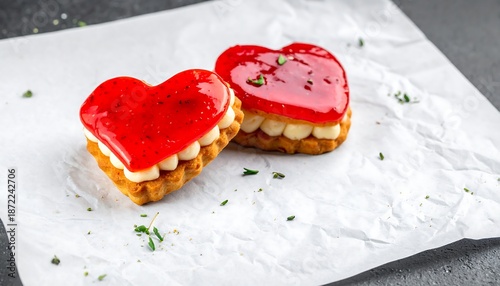 Heart-shaped strawberry tarts on white parchment paper, close-up.
