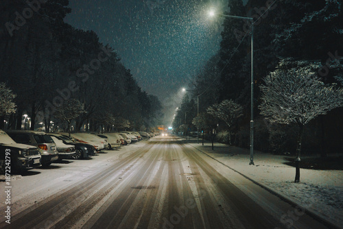 The streets of the city of Cacak while the first snow falls