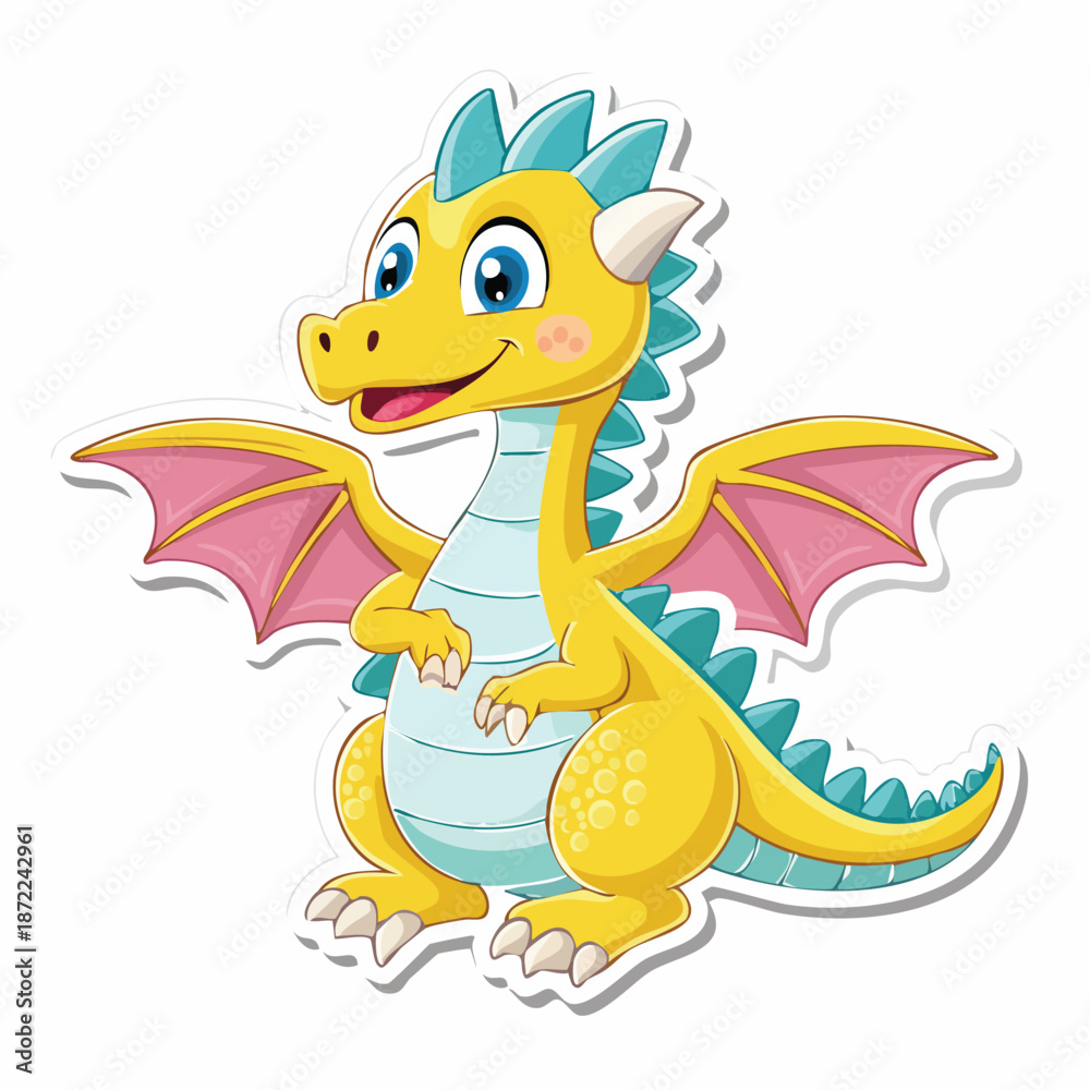 Fototapeta premium Cute baby green dragon dinosaur smiling in a fun cartoon fantasy style
