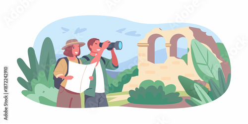 Two tourists observing ancient ruins with binoculars in a lush landscape