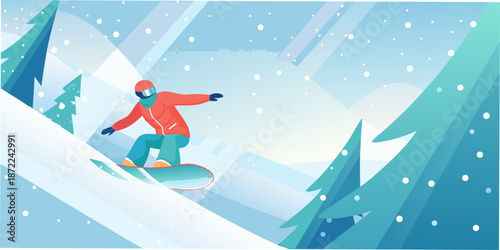 A snowboarder gracefully descends a snowy mountain slope amidst evergreen trees