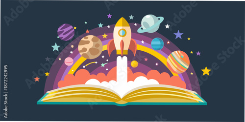 A colorful rocket launching from an open book into a vibrant cosmic scene