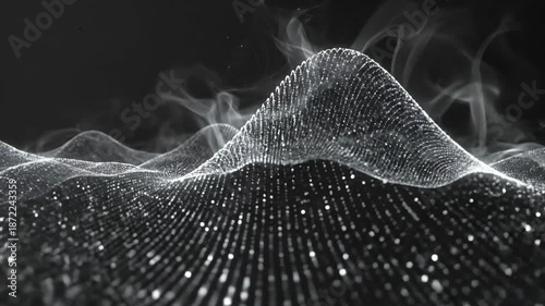 Abstract digital wave with flowing particles and smoke, creating a dynamic and futuristic background.