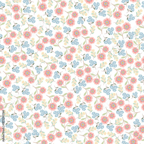 coquette seamless pastel flowers pattern. Delicate petals and vibrant blossoms create an artistic and vintage botanical illustration. Perfect for wallpaper, fabric, wrapping paper and more.