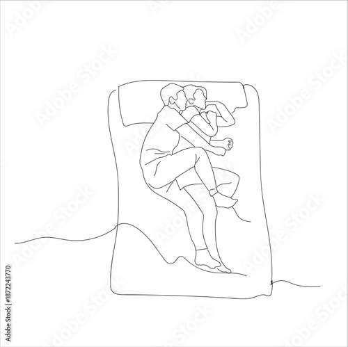 couple sleeping in room line art.Continuous line drawing. Beautiful couple in sleeping pose on pillows, Man and woman sleeping on bed.