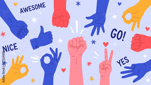 Colorful hands with positive gestures and encouraging words