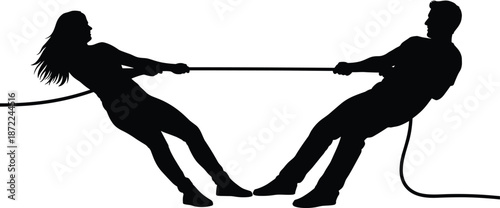 Silhouette tug of war illustration, man and woman pulling rope, teamwork competition conflict concept, black vector isolated on white background