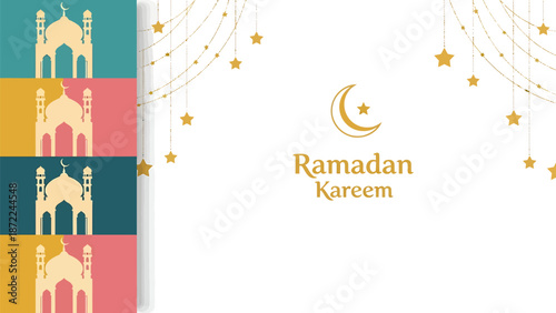 Ramadan Kareem greeting card with mosque and star decorations