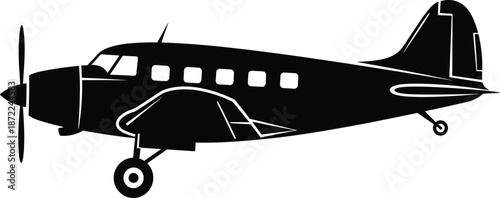 Vintage propeller airplane silhouette vector illustration, classic passenger aircraft design, retro aviation transport icon, black and white plane graphic, isolated on white background