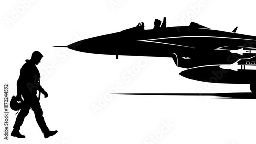 Silhouette of pilot walking towards modern fighter jet aircraft