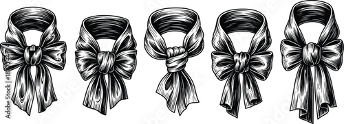 Vintage ribbon bow vector illustration set, black and white engraved fabric scarf knots collection, elegant decorative fashion accessory line art design