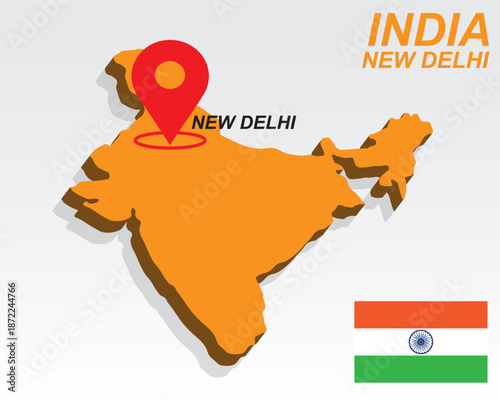 India Map Vector, New Delhi Capital City Marker on Orange 3D Country Shape, India Infographic Design, Editable Destination Pointer India Geography